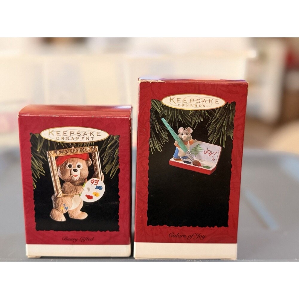 Lot (2) Vintage Hallmark Keepsake 93 94 Painting Mouse & Bear Ornaments